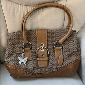 Y2K Coach Signature Soho Flap Satchel F10929 in Canvas &Tan Leather w/🦋Bag Charm